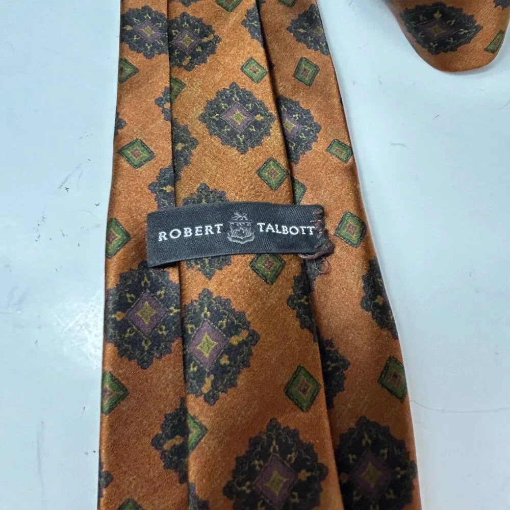 Robert Talbott Men's Brown Multicolored Medallion Diamond Pattern 100% Silk Tie